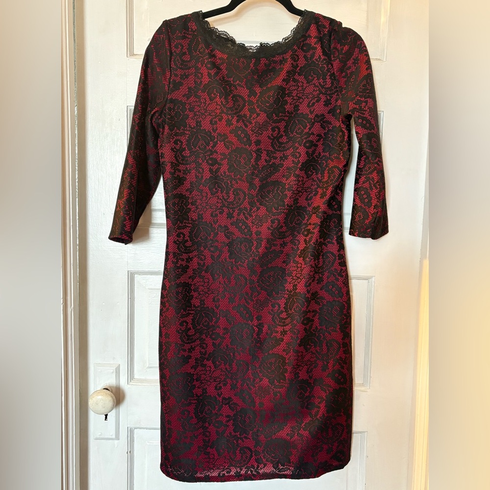 JM Studio By John Meyer Red Black Lace Dress EUC